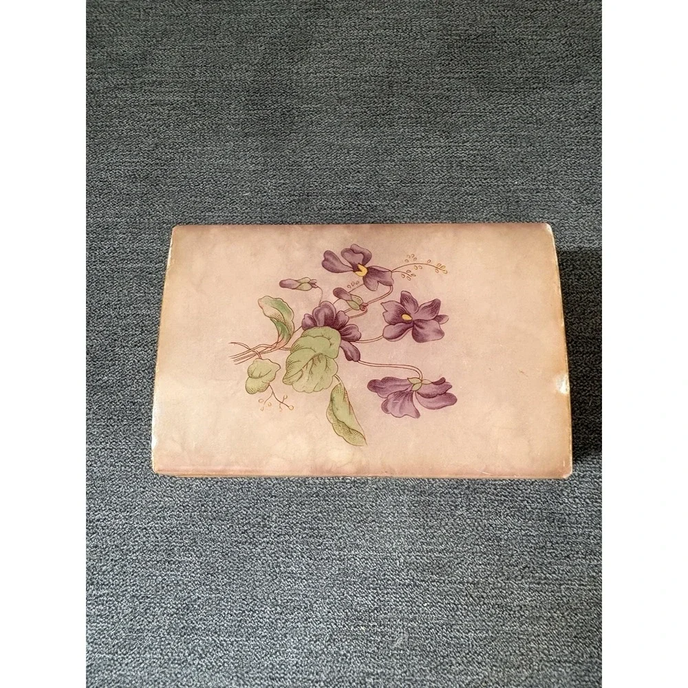 Vintage‎ Italian Pink Alabaster Jewelry Trinket Box Painted Floral Lid Italy